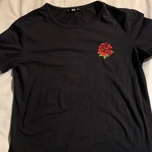 Black T-Shirt With Embroidered Rose